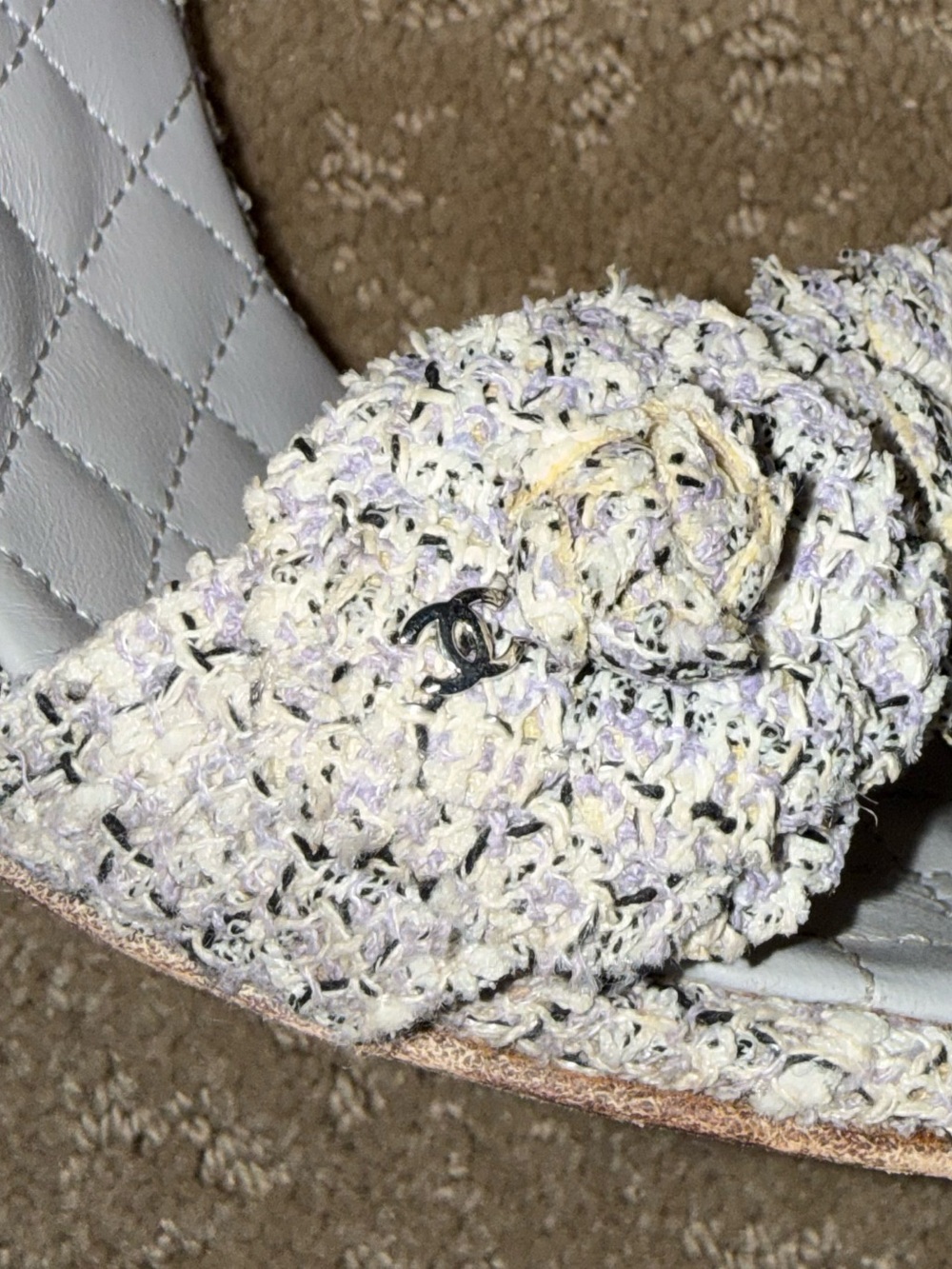 Chanel Purple/White Tweed Camellia Flower Sandals Size 8/38 - Picture 2 of 10